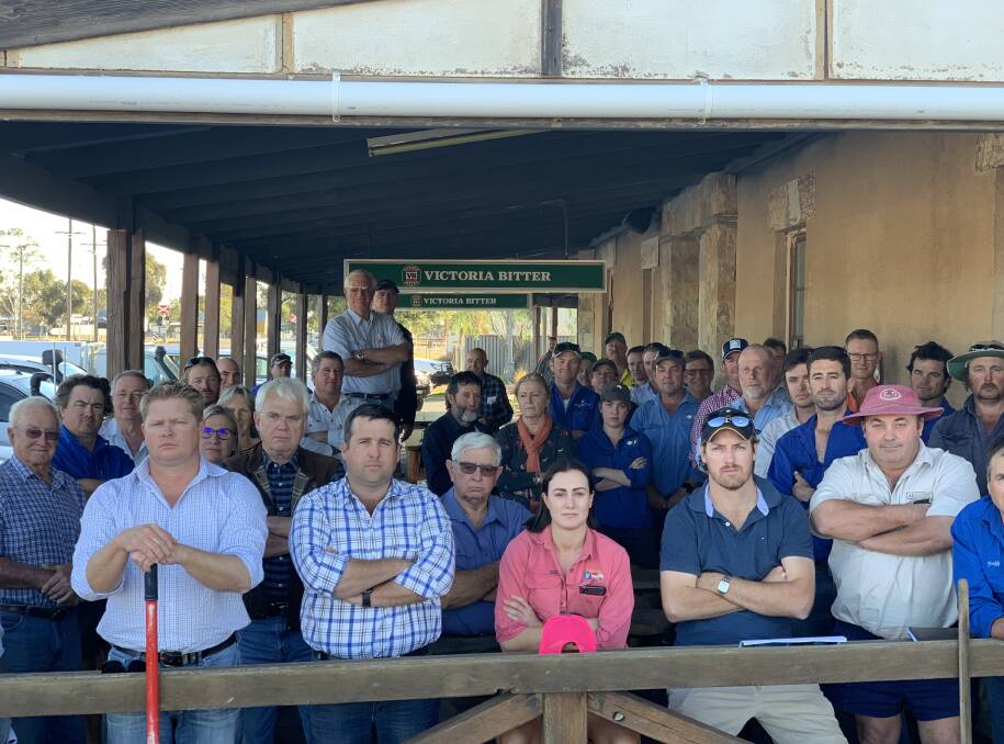 Line in the sand: Irrigators who oppose the Murray Darling Basin Authority's water changes met at the Baan Baa Railway Hotel on Tuesday.
