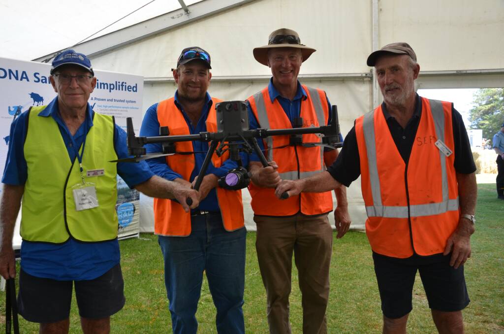 Lucindale Lions Club president Bob Crosby (second from left) and SE Field Days president Kevin Baker in the AgTech Centre at last year's event, flanked by long-time committee members Jeff Davey and Neil Watts. Picture by Catherine Miller