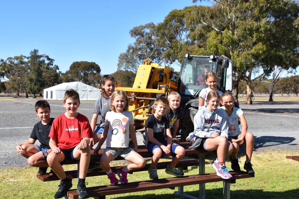 The next generation of Wimmera Machinery Field Days volunteers, assisting their parents at a major preparation working bee at the Longerenong site, Thomas Lampard, Max Lenehan, Archer Lampard, Ivie Lampard, Henry Eagle, Fred Rethus, Penny Eagle, Heidi Rethus and Claire Rethus. Picture Gregor Heard