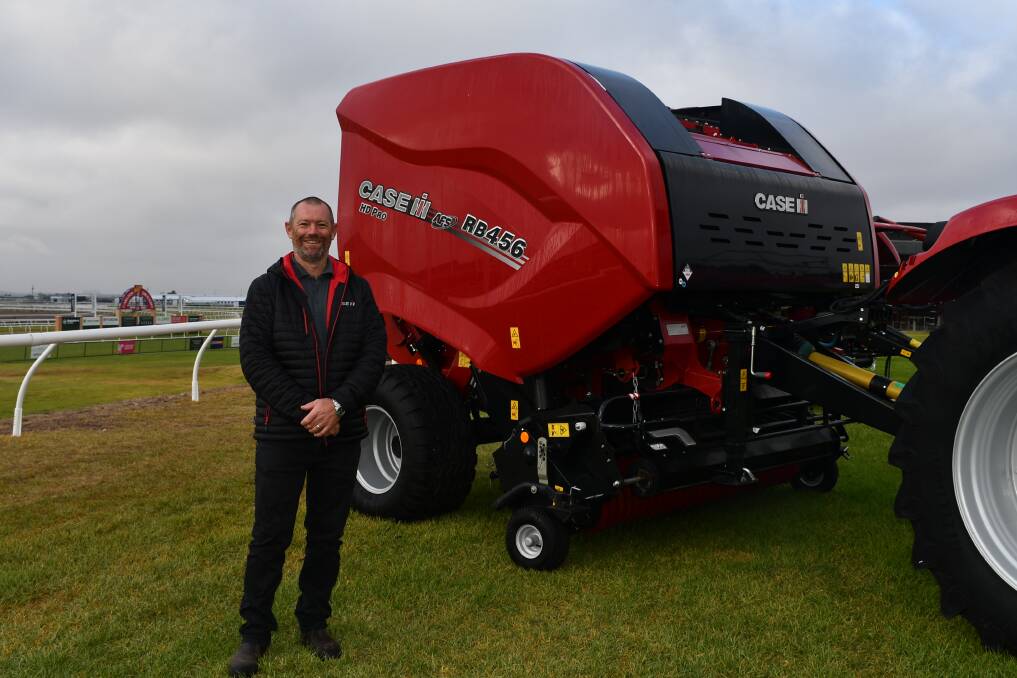 Case IH product specialist Ross Aylwin with the RB 456 baler, which makes round bales up to 165cm in diameter. The RB 466 model makes up to 190cm bales.
