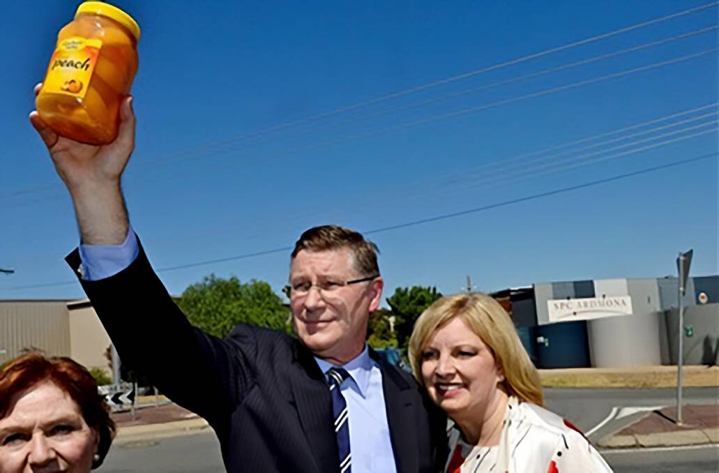 Then Victorian Premier Denis Napthine with local MP Wendy Lovell celebrating saving SPC back in 2014. Picture supplied,