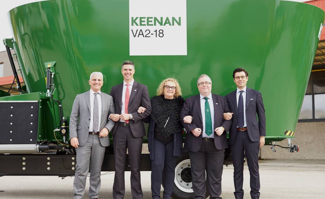 At the launch of the new Keenan VA2-18 vertical mixer is (L-R) Paolo Saggiorato of Storti, Robert Walker of Keenan, Francesca Storti, president and owner of Storti, Matt Higgins of Keenan and Andrea Freddoni, Storti.
