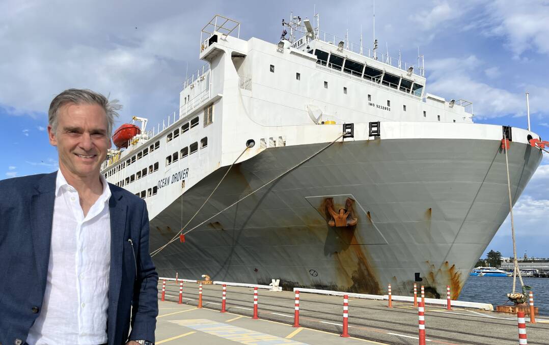 Wellard executive chairman, John Klepec, with what will be the shipping company's last remaining vessel after September. Photo supplied.