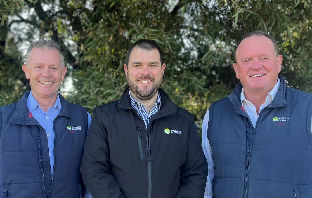 Outgoing Paraway Pastoral Company chief executive officer, Harvey Gaynor, with his successor, Stuart Johnston and incoming board chairman, Jock Whittle. Photo supplied.