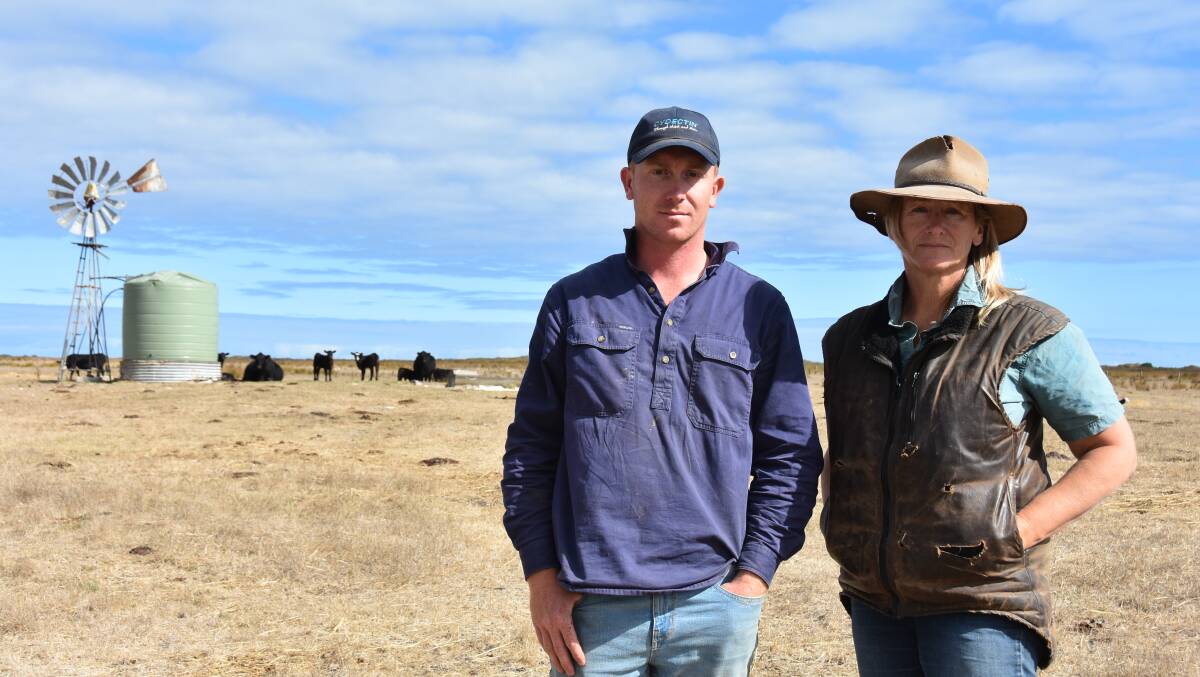 Morgan and Jo Feast, Wye, near Mount Gambier, say they are seeing concerning signs on their property and fear their stock water may not be suitable for drinking if the state government does not address irrigation allocations. Picture by Catherine Miller