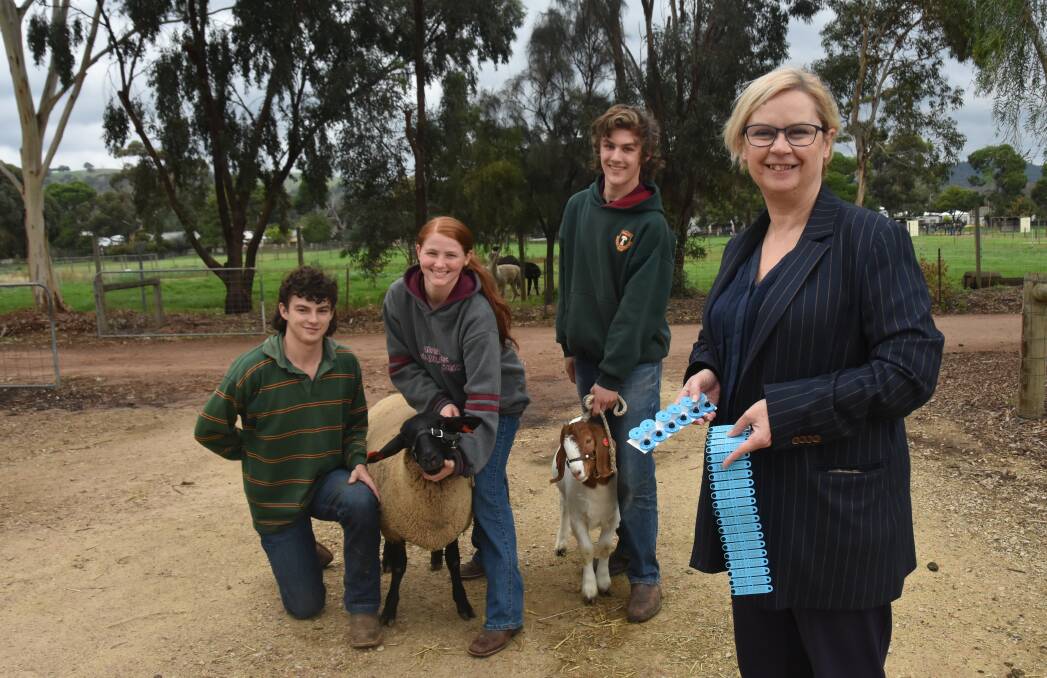 Urrbrae Agricultural High School students Jacob Scales, Shayla Lepse and Tyler Fergusson were among the first to hear about the more than $9m Primary Industries Minister Clare Scriven has committed to the roll out of eID in SA . Urrbrae has already been using eID tags for the past two years in their sheep flock and goat herd.