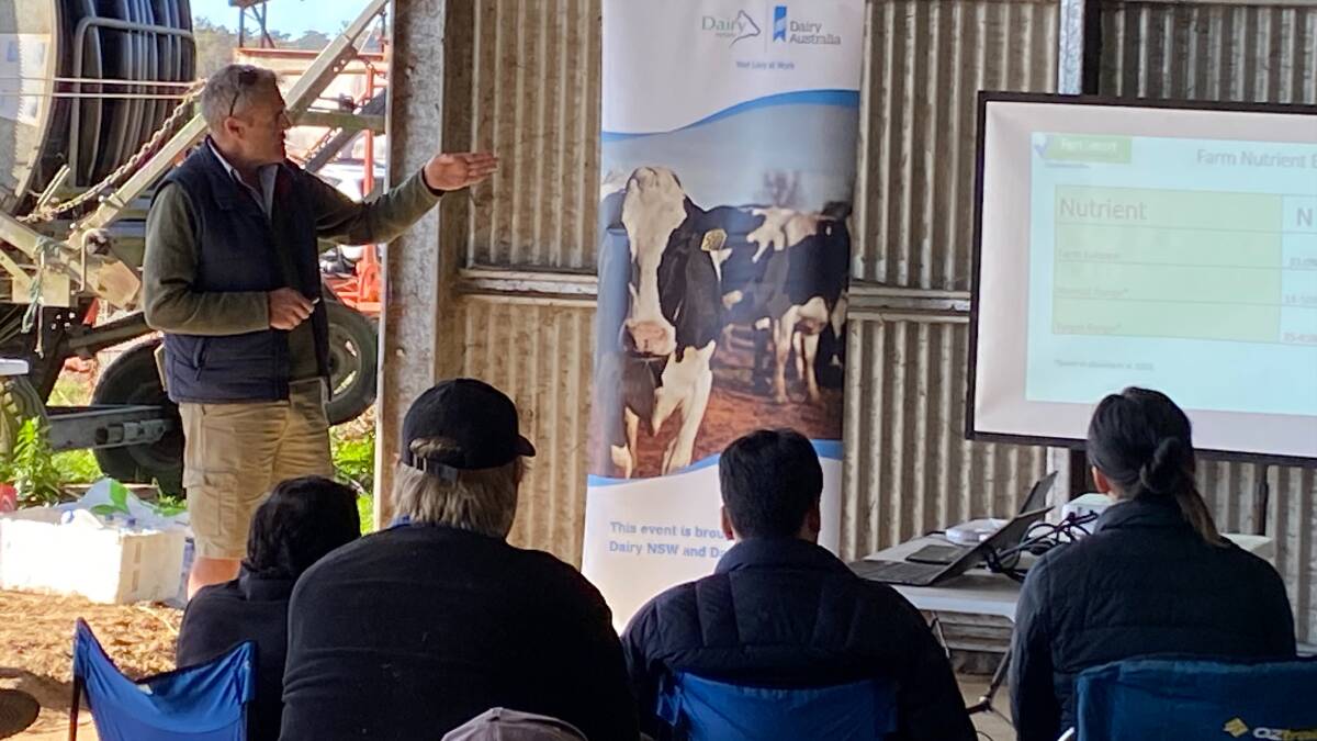 Tim Williams, Agrimilk Consulting, discusses potential savings that can be identified through Fert$mart Planning at a CCC funded workshop at Bodalla. Picture supplied