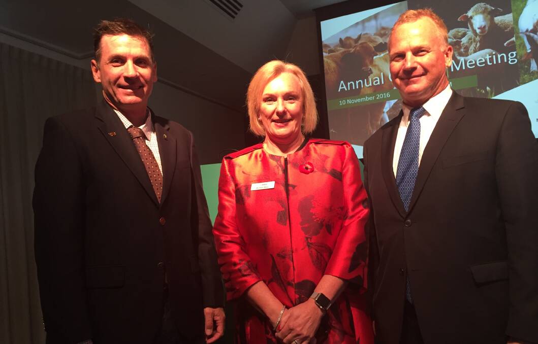 Meat and Livestock Australia directors George Scott, Michele Allan and Allister Watson at this afternoon's annual general meeting in South Australia.