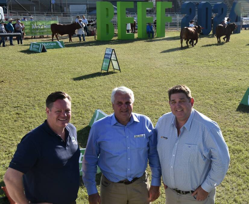 AMIC chief executive officer Patrick Hutchinson, processor Terry Nolan, from Nolan's Meats in Gympie and the chief commercial officer at Bindaree Food Group in Inverell, Andrew Simpson, at Beef Australia in Rockhampton. 