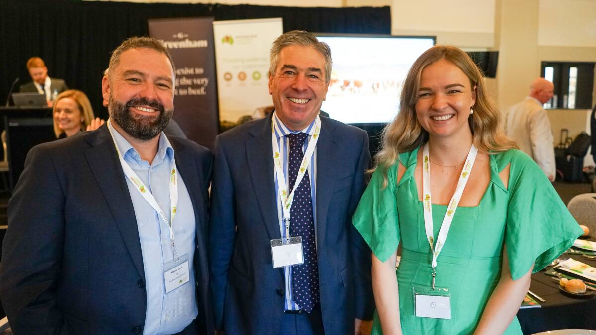 The Red Meat Advisory Council's Alastair James and John McKillop with chair of the Young Livestock Exporters Network Kari Moffat.