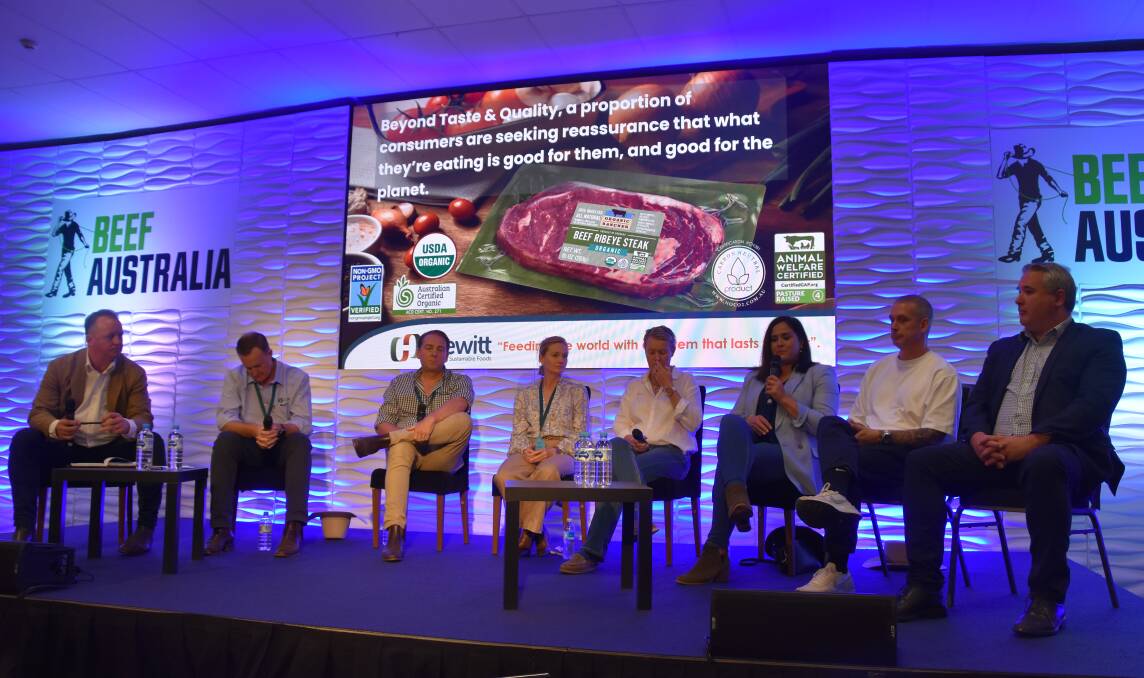 Panelists in an MLA-hosted seminar on the beef consumer MLA's Andrew Cox, CPC's Troy Setter, Greenham's Peter Greenham, MDH's Julie McDonald, Four Daughters' Karen Penfold, Hewit's Elissa Garling, Andy Cooks' Andy Hearnden and NH Foods' Andrew McDonald. Picture Shan Goodwin.

