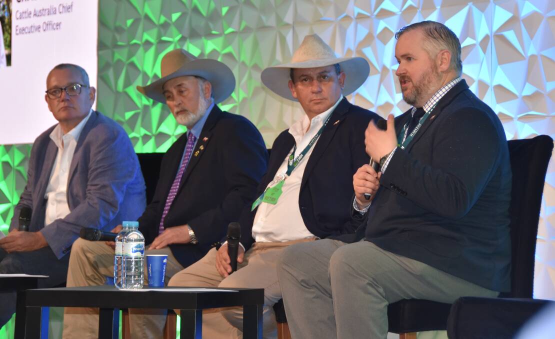 Cattle Australia chief executive officer Chris Parker, NCBA president Mark Eisele, CA chairman Garry Edwards and NCBA executive director of government affairs Kent Bacus talking farm advocacy at Beef Australia in Rockhampton this year. Picture Shan Goodwin. 