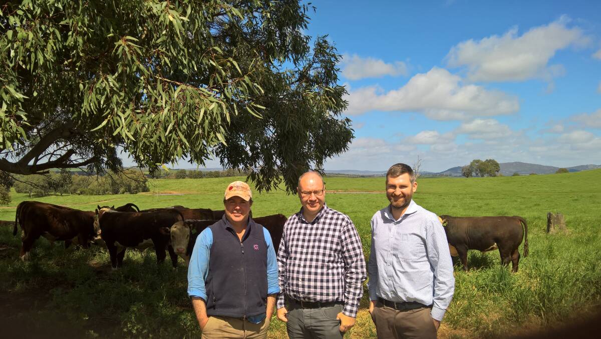 Wagga Wagga district beef producer and Cattle Council of Australia director Mark Greening with Member of the European Parliament Derek Vaughan, Wales, and Meat and Livestock Australia's Europe and Russia business manager Josh Anderson.
