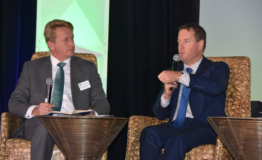 Australian expat Ian McConnel, president of the Global Roundtable for Sustainable Beef, speaking at the organisation's conference in Denver last year. With him is GRSB executive director Ruaraidh Petre.