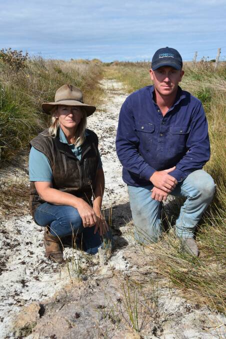 Jo and Morgan Feast, Wye, south of Mount Gambier, say they are seeing the signs of an underground aquifer under stress, with one of their drains going dry for the first time. Picture by Catherine Miller