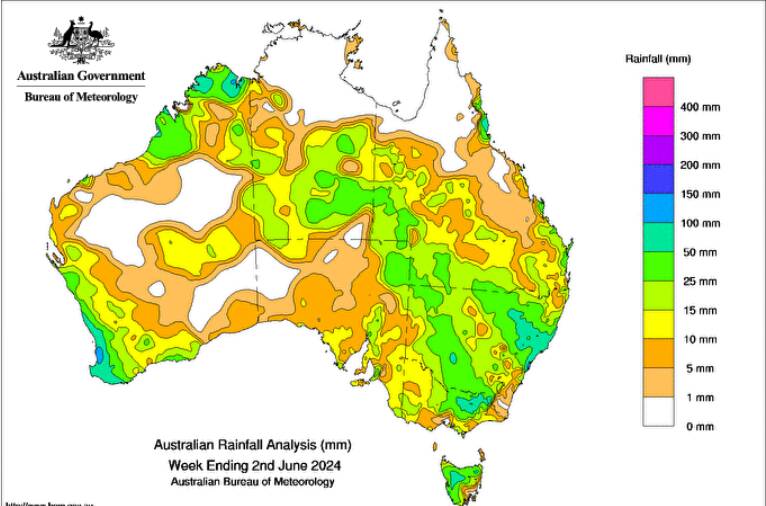 The BOM's weekly weather map shows good falls through south-west WA and across north-central NSW.