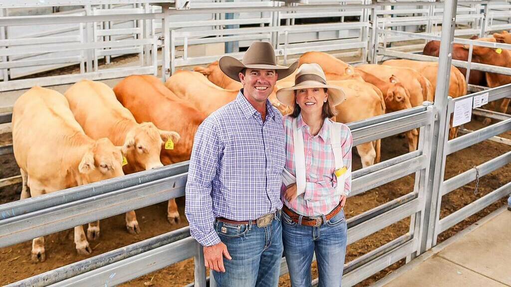 Champion Lot Fed Heifer Competition awardees Mac and Gayle Shann, Cantaur Park, Clermont, with their winning pen at Beef '24. Picture supplied