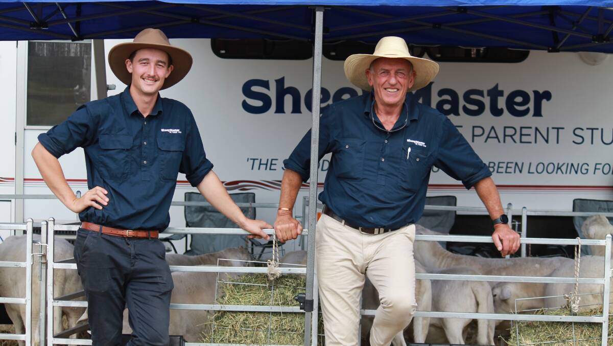Overseer Zac Sales and general manager Andrew Hodgson from Sheepmaster The Parent Stud visited Blackall for the Queensland State Sheep Show. Picture: Victoria Nugent. 
