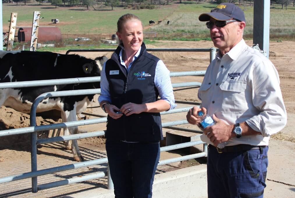 Jess Micallef and Colin Thompson during the farm walk at Silvermere Holsteins in Cowra this week.