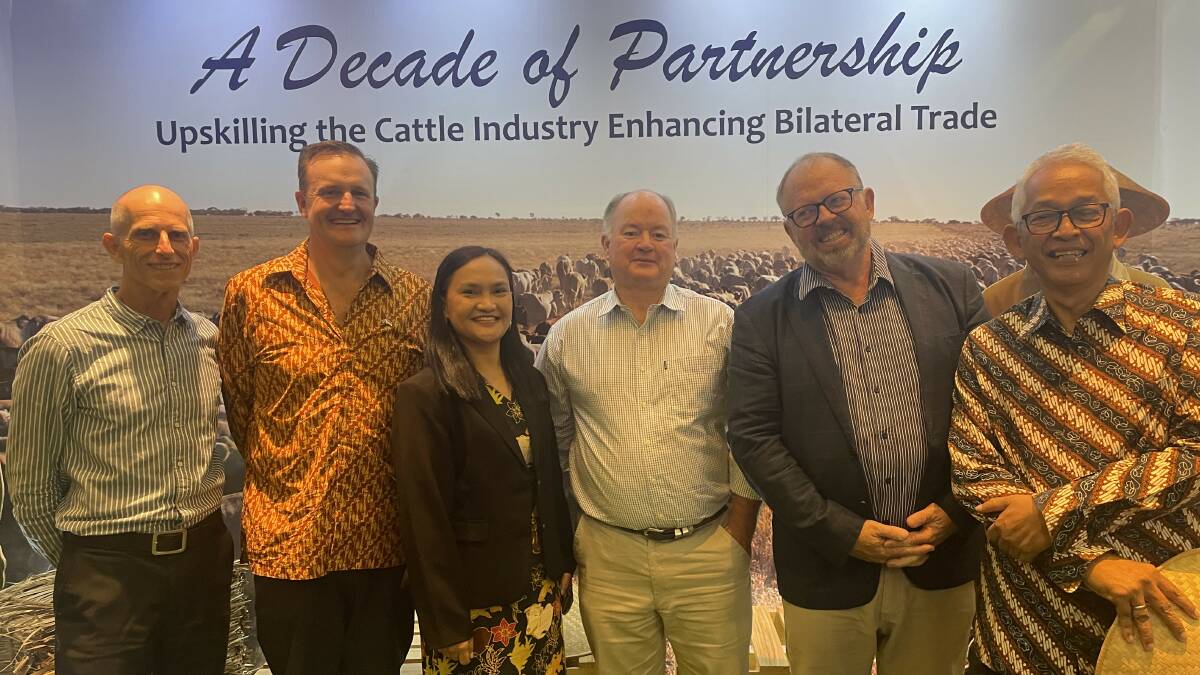 Ben Mullen, Red Meat and Cattle Partnership, Troy Setter and Neny Lumbantoruan, CPC, David Foote, Cattle Australia, Greg Pankhurst, and Dicky Adiwose celebrating the hugely successful 10 year Australia and Indonesia red meat, live cattle partnership. Picture Mark Phelps 