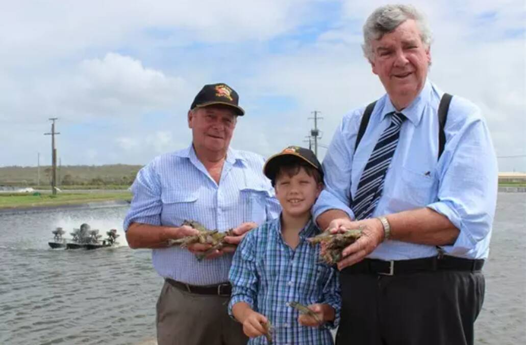 Senator Ron Boswell (right) and his grandson Will Beasley met Gold Coast Tiger Prawns executive chairman Noel Herbst at Woongoolba in 2015. - Picture: MELODY PEDLER.